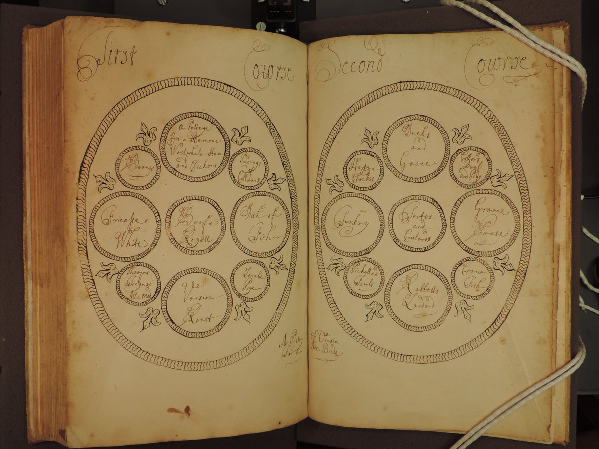This handwritten cookbook in the #OSVResearchLibrary includes several copied diagrams of how to lay out your #ArchivesFeast. Though the handwriting is cryptic in places, dishes like “Dish of Fish,” “Lambe Pye,” (lamb pie) &amp; “Sheeps Tongue All a Mod” (a la mode) are decipherable.