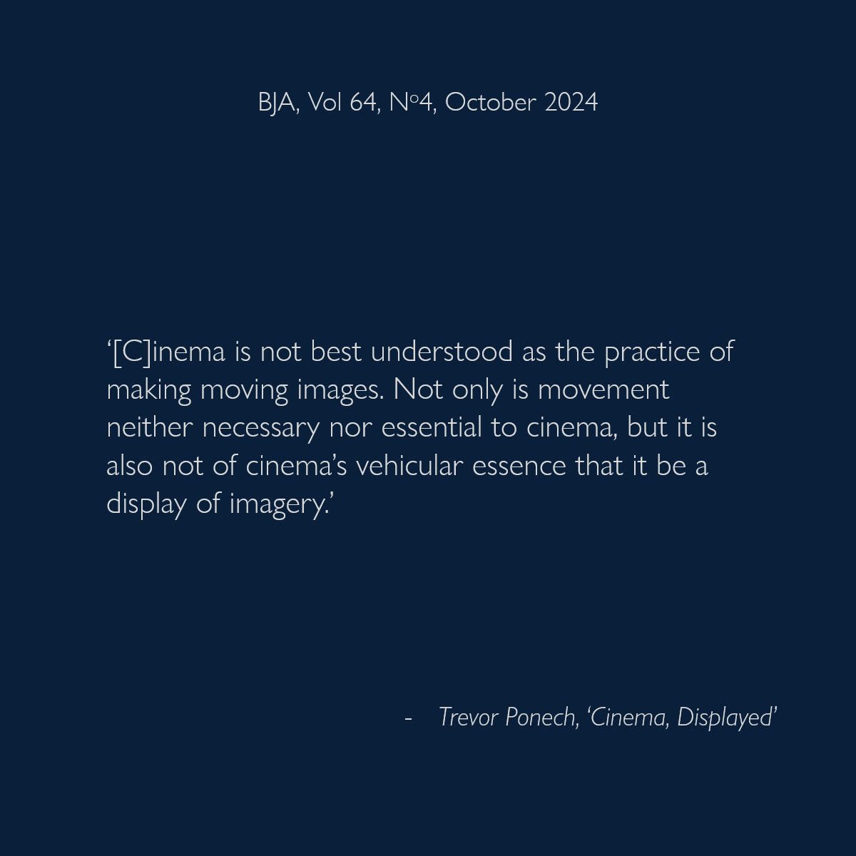 Trevor Ponech offers up a luminescent slice of "deflationary cinematic essentialism" in our latest issue. Open access. 🔓 doi.org/10.1093/aesthj…
