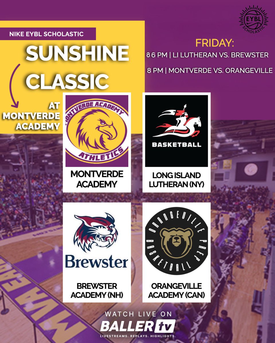 BallerTV (@ballertv) on Twitter photo Tune in today for the Sunshine Classic at Montverde Academy! #EYBLScholastic
6 PM: <a href="/LuHiBasketball/">LuHi Basketball</a> vs. <a href="/BrewsterHoops/">Jason Smith</a>
8 PM: <a href="/MVABasketball/">Montverde Academy Basketball</a> vs. Orangeville Academy
📅 Dec. 6
📺 Watch live and on replay: bit.ly/3D2tCcm Tune in today for the Sunshine Classic at Montverde Academy! #EYBLScholastic
6 PM: <a href="/LuHiBasketball/">LuHi Basketball</a> vs. <a href="/BrewsterHoops/">Jason Smith</a>
8 PM: <a href="/MVABasketball/">Montverde Academy Basketball</a> vs. Orangeville Academy
📅 Dec. 6
📺 Watch live and on replay: bit.ly/3D2tCcm
