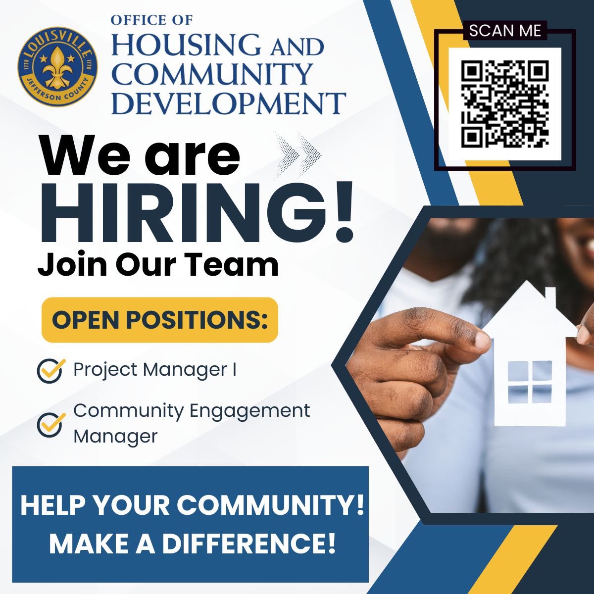 Louisville’s Office of Housing and Community Development (OHCD) is hiring! OHCD programs &amp; initiatives increase affordable housing, improve access to homeownership &amp; reduce the number of vacant &amp; abandoned properties.

✅ Project Manager I
✅ Community Engagement Manager