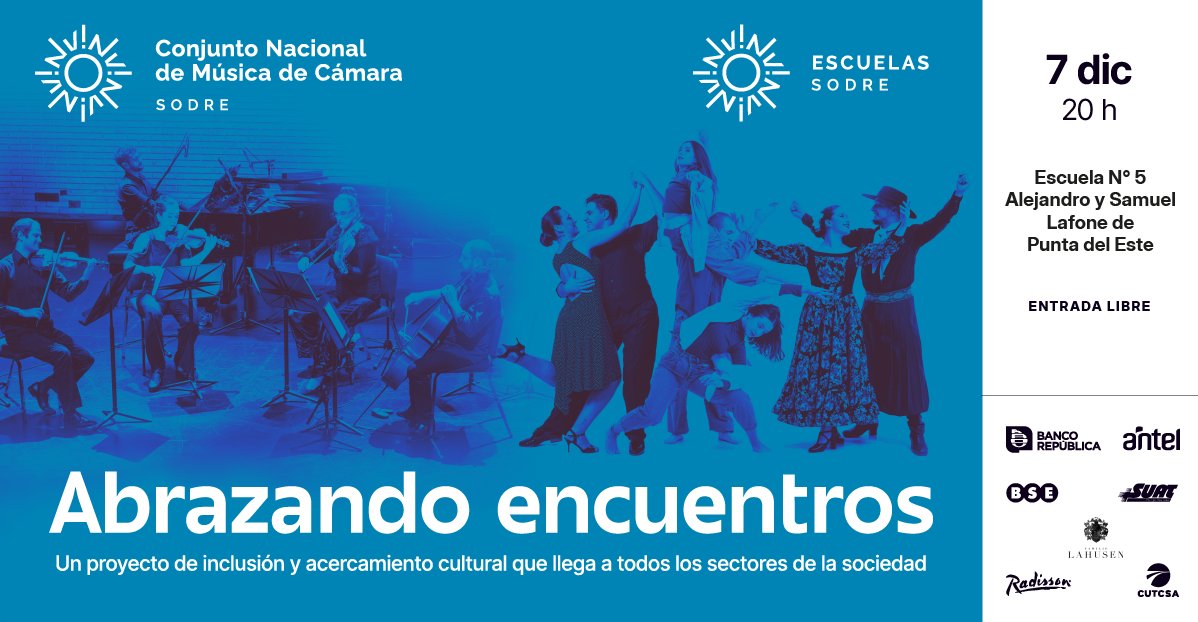 Sodre_Uruguay's tweet photo. ➡️ Mañana 7 de diciembre el Conjunto Nacional de Música de Cámara y las Escuela Sodre estarán en la Escuela n.° 5 Alejandro y Samuel Lafone de Punta del Este brindando un espectáculo con entrada libre.

¡Los esperamos! https://t.co/0CDecJ6SAb