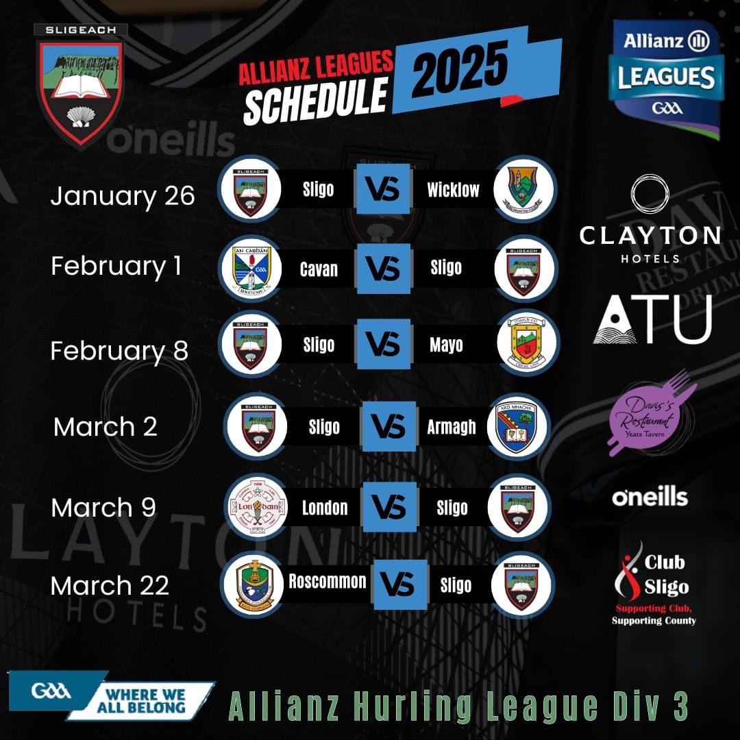 sheil_stephen's tweet photo. The 2025 fixtures for @sligogaa Senior hurlers start on Sunday 26th January against @wicklowgaa 
#AllianzLeagues #RowTheBoat https://t.co/e4BbVz3I0Z