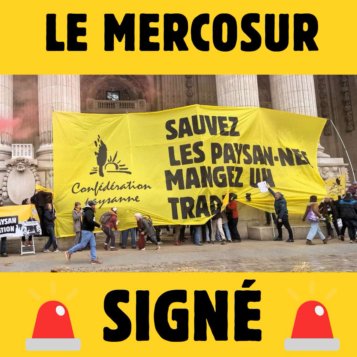 ✊📢#Mercosur : le libre-échange tirent les prix vers le bas, organisent la course au moins disant social et environnemental, au détriment du revenu paysan, de la planète et de l'intérêt général. La lutte se poursuit. 
Et nos 5 camarades encore en GAV doivent être libéré·es !🚨😡