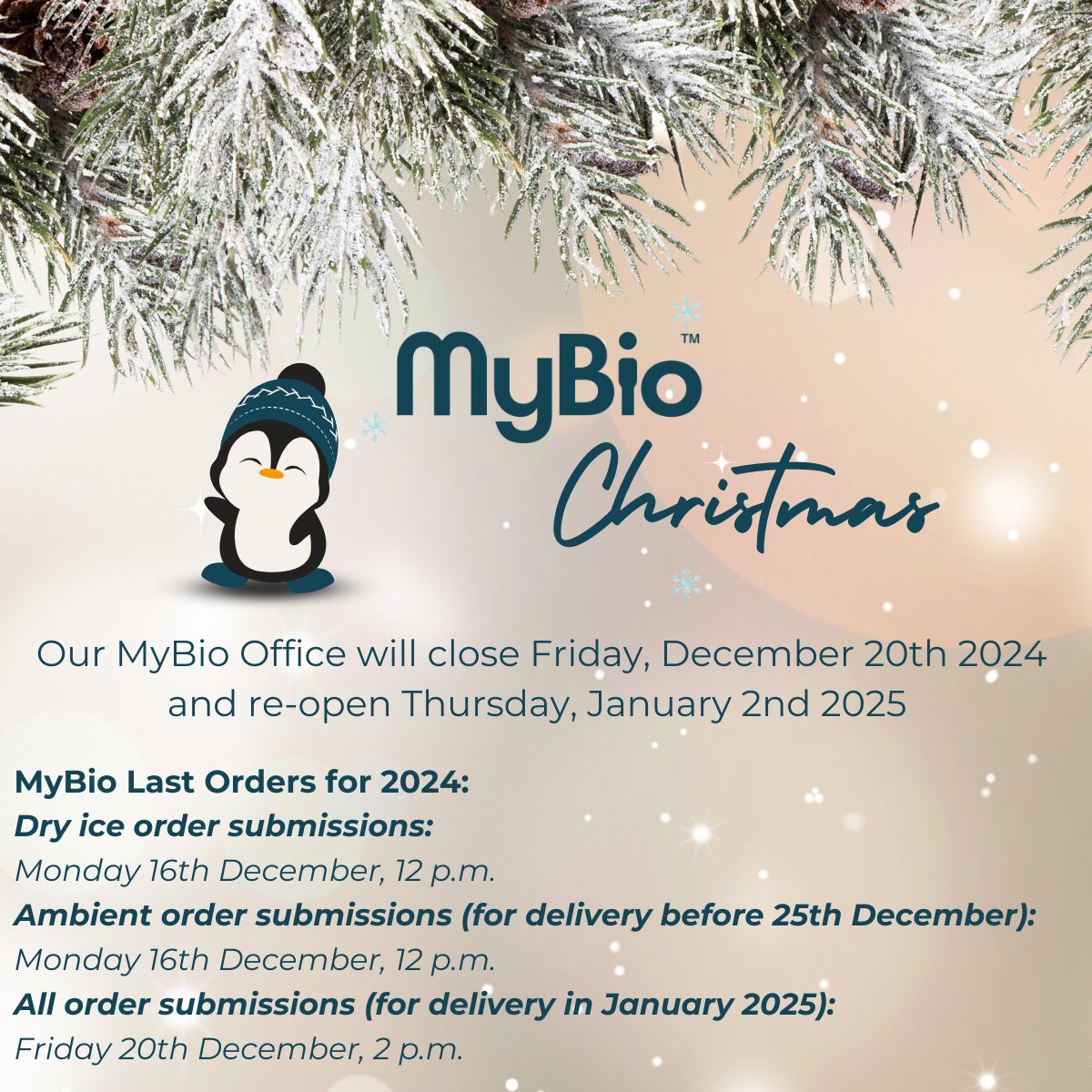MyBio Europe (@mybioltd) on Twitter photo As we stretch into the final few weeks of 2024, please take note of our #ChristmasHours and #LastOrder Dates🗓️
Be sure to order in time to secure #delivery📦
For all enquiries in the meantime contact our MyBio Team by emailing info@mybio.ie📧
#lifesciences #support #ireland #team As we stretch into the final few weeks of 2024, please take note of our #ChristmasHours and #LastOrder Dates🗓️
Be sure to order in time to secure #delivery📦
For all enquiries in the meantime contact our MyBio Team by emailing info@mybio.ie📧
#lifesciences #support #ireland #team