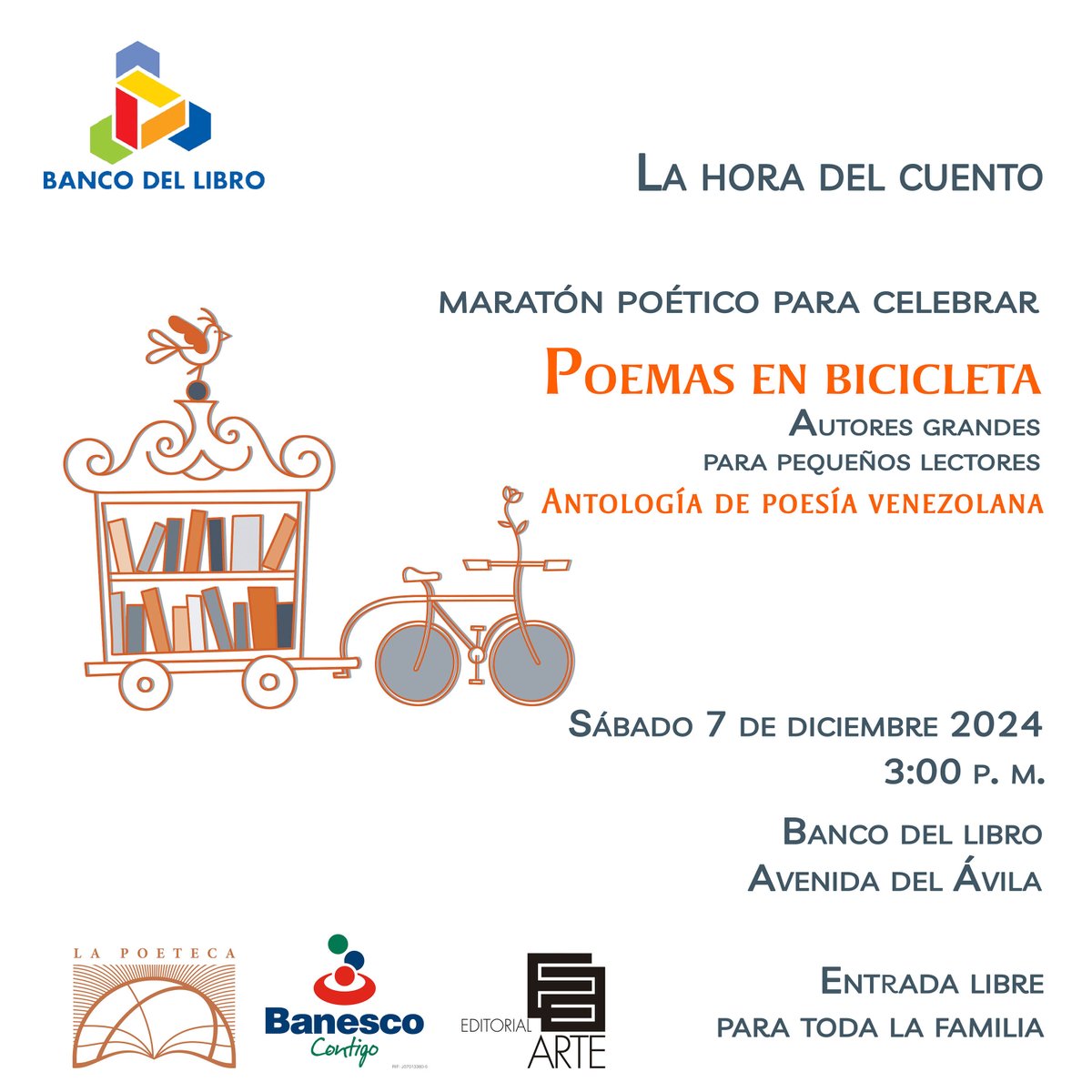Fundación La Poeteca (@poeteca1) on Twitter photo No importa si llegas a pie o en bicicleta, mañana sábado #7diciembre te esperamos en el <a href="/bancodellibro/">Banco del Libro</a> porque «La hora del cuento» se muda al horario de las 3:00 p. m. transformada en un maratón poético.
¡Ven a disfrutar de esta celebración con «Poemas en bicicleta»! No importa si llegas a pie o en bicicleta, mañana sábado #7diciembre te esperamos en el <a href="/bancodellibro/">Banco del Libro</a> porque «La hora del cuento» se muda al horario de las 3:00 p. m. transformada en un maratón poético.
¡Ven a disfrutar de esta celebración con «Poemas en bicicleta»!