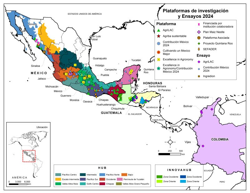 Mapeamos por completo la Red Latinoamericana de investigación agronómica en 2024, con la adición de los sitios de Colombia y Honduras.
La mapa muestra los sitios donde se hace Investigación Agronómica con socios locales para hacer mas sustentable los sistemas agroalimentarios.