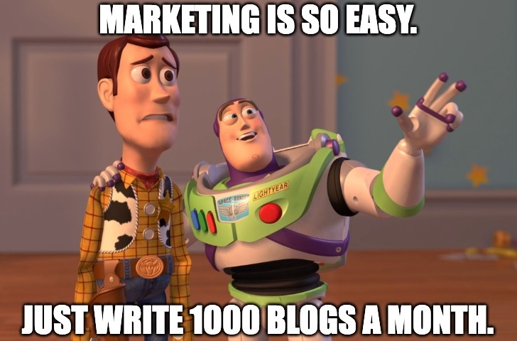 heyalper's tweet image. Just had a founder tell me marketing is "easy" and all he needs is an intern to crank out 1,000 articles a month. 

Mic drop. I left the call.

This is why so many startups fail. 

They think marketing is as simple as throwing a bunch of content at the wall and seeing what…