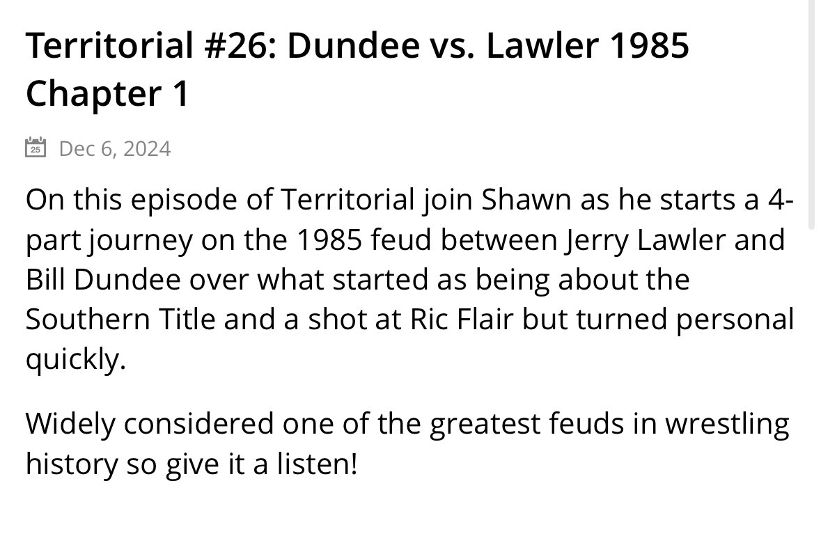 Been wanting to cover this one for a while! 

Part 1 of 4 that will take us into 1986!

Territorial #26: Dundee vs. Lawler 1985 Chapter 1

podbean.com/wlei/pb-a6zxx-…