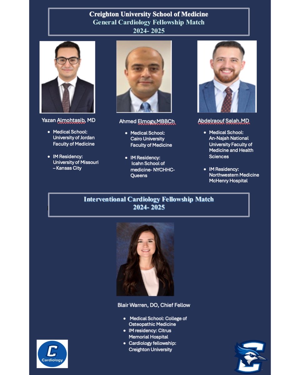 🎉 Exciting Announcement! 🎉

We are delighted to share the Creighton University Cardiovascular Disease Fellowship 2024-2025 Match Results 💙💛

#CreightonCardiology #InterventionalCardiology #FellowshipClass2028 #CardiovascularExcellence #WelcomeToCreighton