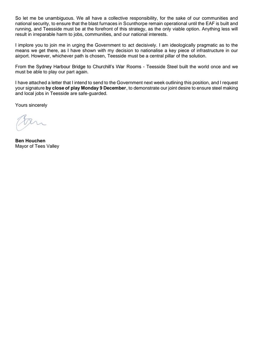 Ben Houchen (@benhouchen) on Twitter photo ✍️ I have today written to all MPs across Teesside, Darlington, and Hartlepool to ask them to put politics to one side, and join me in urging the Government to make sure Teesside is at the centre of any deal reached with British Steel 🇬🇧
(1/5) ✍️ I have today written to all MPs across Teesside, Darlington, and Hartlepool to ask them to put politics to one side, and join me in urging the Government to make sure Teesside is at the centre of any deal reached with British Steel 🇬🇧
(1/5)