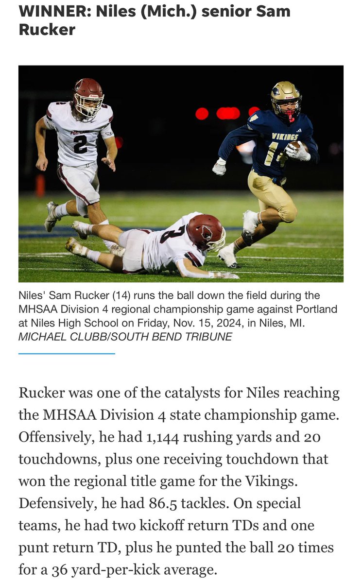 Austin Hough (@austinrhough) on Twitter photo Congrats to <a href="/NilesAthletics/">Niles Vikings</a> senior <a href="/SamRucker14/">Sam Rucker</a> for winning the <a href="/SBTsports/">South Bend Tribune Sports</a> HS Football Player of the Year poll! More on him + our other nominees here: southbendtribune.com/story/sports/h… Congrats to <a href="/NilesAthletics/">Niles Vikings</a> senior <a href="/SamRucker14/">Sam Rucker</a> for winning the <a href="/SBTsports/">South Bend Tribune Sports</a> HS Football Player of the Year poll! More on him + our other nominees here: southbendtribune.com/story/sports/h…