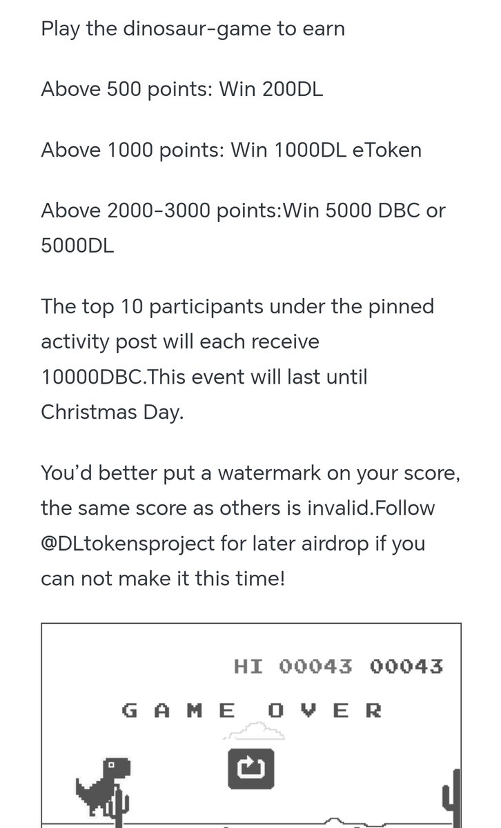 DLtokensproject's tweet photo. Airdrop again! We are using an excel sheet to mark the results of your last airdrop. The rewards for the last time will be distributed before Christmas. After some people found it too difficult, we have lowered the difficulty of the game this time. The same score is no longer valid, remember to add a watermark. Show me how far you can go!
Play at 👉https://t.co/9mKdapocRL
RT +Follow+Like to participate.
