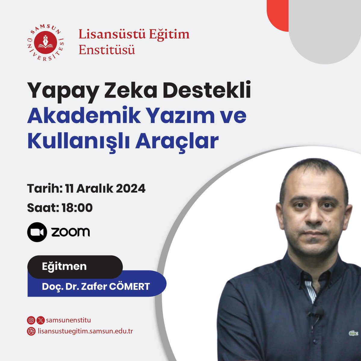Enstitümüz bünyesindeki lisansüstü öğrencilerimize yönelik “Yapay Zeka Destekli Akademik Yazım ve Kullanışlı Araçlar” isimli eğitim yapılacaktır. 
#lisansüstü #lisansüstüeğitim #lisansüstüeğitimenstitüsü #samsunüniversitesi