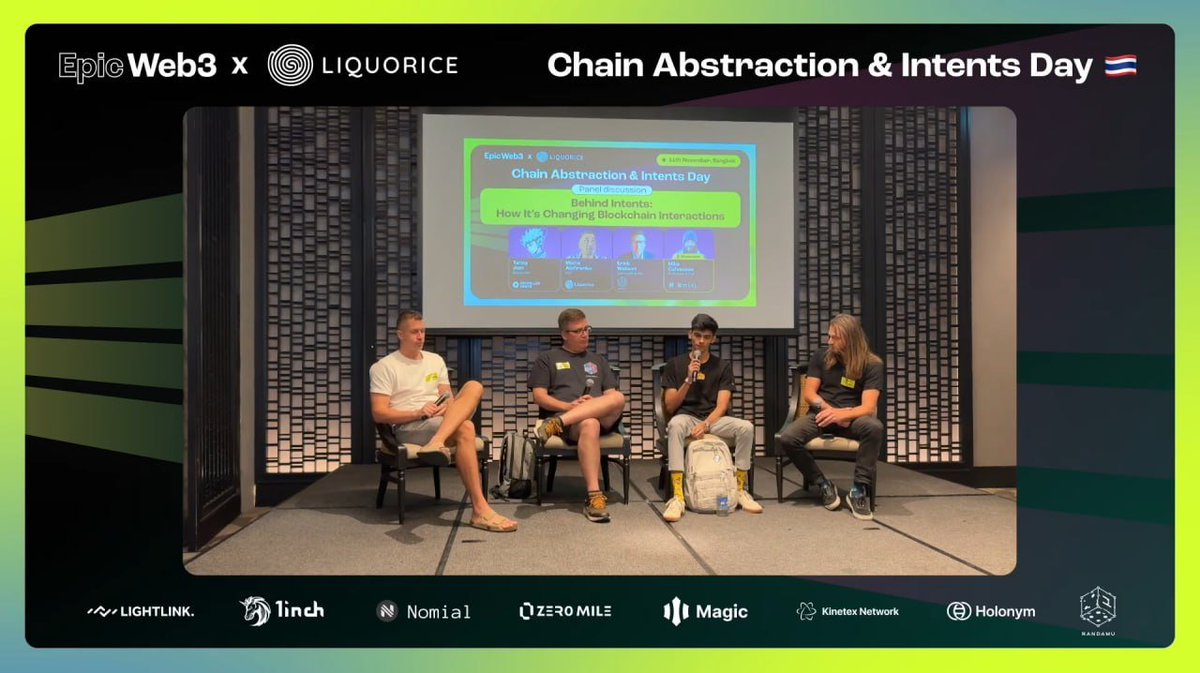 Liquorice (@liquoricehq) on Twitter photo How do Intents work? How will they reshape Web3?
Our CEO <a href="/0xStirol/">Misha π£</a> took part in <a href="/epicweb3/">Epic Web3 π§ββοΈ</a>'s panel discussion at Chain Abstraction & Intents Day in Bangkok πΉπ
With Eric from <a href="/RandamuInc/">Randamu</a>, Tanay <a href="/jaintanay_/">tanay</a>, and Mike @mikeCalvanese from <a href="/nomial_io/">Nomial</a> as host. How do Intents work? How will they reshape Web3?
Our CEO <a href="/0xStirol/">Misha π£</a> took part in <a href="/epicweb3/">Epic Web3 π§ββοΈ</a>'s panel discussion at Chain Abstraction & Intents Day in Bangkok πΉπ
With Eric from <a href="/RandamuInc/">Randamu</a>, Tanay <a href="/jaintanay_/">tanay</a>, and Mike @mikeCalvanese from <a href="/nomial_io/">Nomial</a> as host.