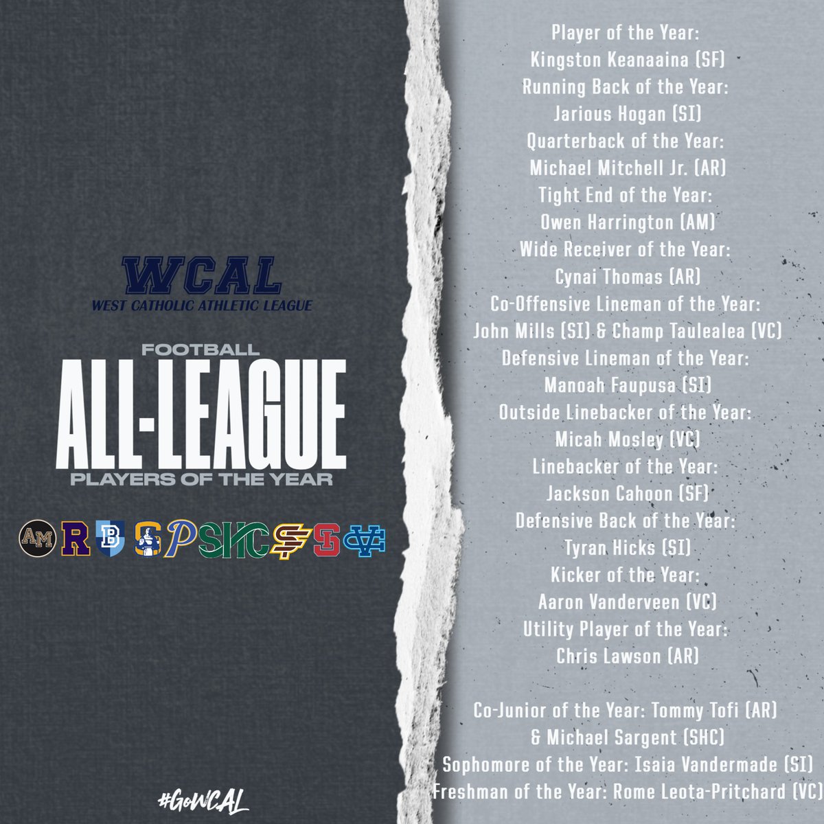WCALSports (@wcalsports) on Twitter photo The <a href="/WCALSports/">WCALSports</a> 2024 Football players of the year! Congratulations to Kingston Keanaaina from <a href="/sfhsathletics/">Saint Francis HS</a> your 2024 WCAL Player of the Year! The <a href="/WCALSports/">WCALSports</a> 2024 Football players of the year! Congratulations to Kingston Keanaaina from <a href="/sfhsathletics/">Saint Francis HS</a> your 2024 WCAL Player of the Year!