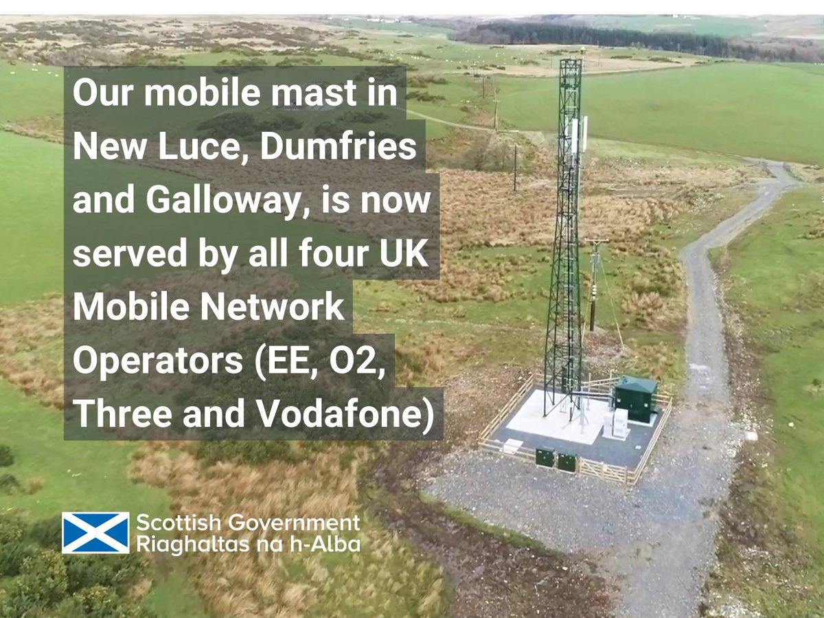Digital Connectivity Scotland (@digconnectscot) on Twitter photo Glad to advise that our #S4GI mast in New Luce, <a href="/dgcouncil/">Dumfries and Galloway Council</a>, now provides 4G connectivity across all UK mobile operators.
New Luce was the first community to get connected through the S4GI programme. Now, any UK SIM card can get 4G in this area.
#Mobile #DigitalConnectivity Glad to advise that our #S4GI mast in New Luce, <a href="/dgcouncil/">Dumfries and Galloway Council</a>, now provides 4G connectivity across all UK mobile operators.
New Luce was the first community to get connected through the S4GI programme. Now, any UK SIM card can get 4G in this area.
#Mobile #DigitalConnectivity