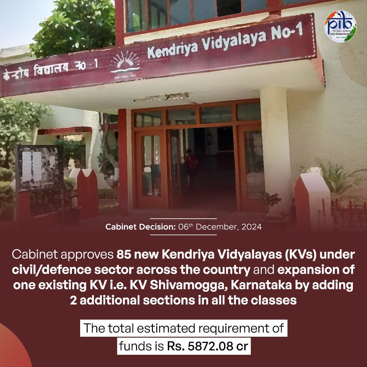 #CabinetDecision: The Cabinet Committee on Economic Affairs, chaired by Hon'ble Prime Minister Shri <a href="/narendramodi/">Narendra Modi</a>, has approved the opening of 85 new Kendriya Vidyalayas (KVs) across the country under the Civil/Defence sector, along with the expansion of KV Shivamogga, Karnataka!
