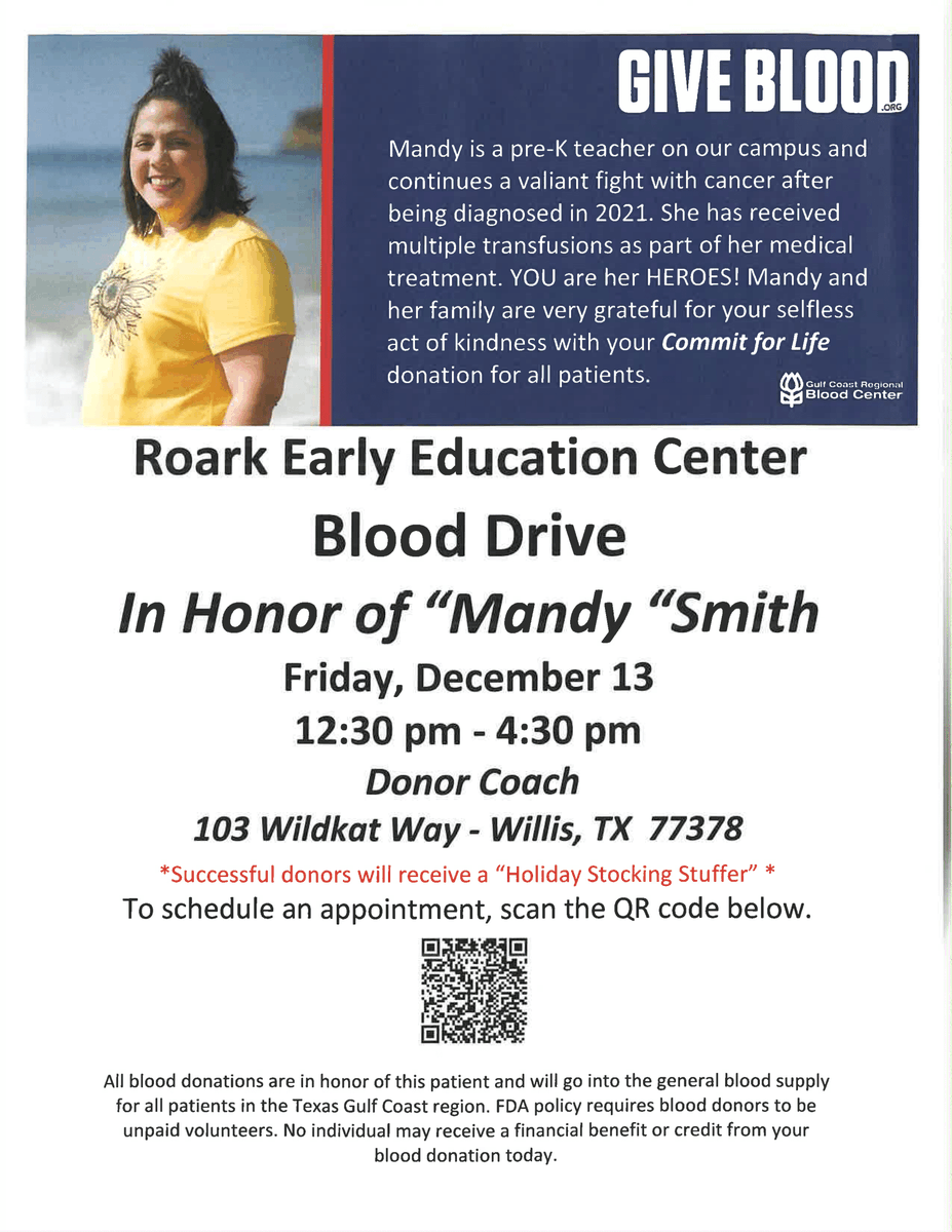 Willis ISD (@willisschools) on Twitter photo 🎅✨ Be a HOLIDAY Hero, Give Blood! ✨🩸
Join us in honoring Mandy Smith, a beloved Pre-K teacher at <a href="/RoarkEarly/">Roark Early Education Center</a>, as she continues her brave fight against cancer. Mandy’s journey has highlighted the importance of blood donations in saving lives.
REEC Blood Drive
📅 Friday, 🎅✨ Be a HOLIDAY Hero, Give Blood! ✨🩸
Join us in honoring Mandy Smith, a beloved Pre-K teacher at <a href="/RoarkEarly/">Roark Early Education Center</a>, as she continues her brave fight against cancer. Mandy’s journey has highlighted the importance of blood donations in saving lives.
REEC Blood Drive
📅 Friday,