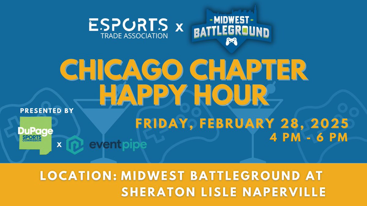 Connect and celebrate esports during Happy Hour at the Midwest Battleground w/ <a href="/DuPage_Sports/">DuPage Sports Commission</a> and <a href="/GetEventPipe/">EventPipe</a>. Don’t miss the weekend  kick-off!  RSVP here: buff.ly/3BmdAcE