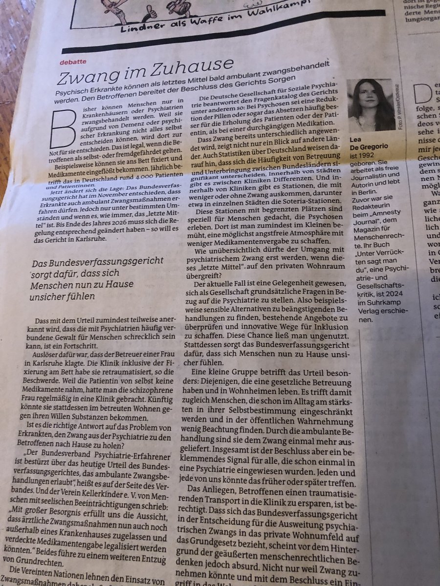 Habe in der <a href="/tazgezwitscher/">taz</a> die Entscheidung des Bundesverfassungsgerichts über ambulante Zwangsmaßnahmen kommentiert. Vielen Psychiatrieerfahrenen bereitet dieser Beschluss Sorgen.👇