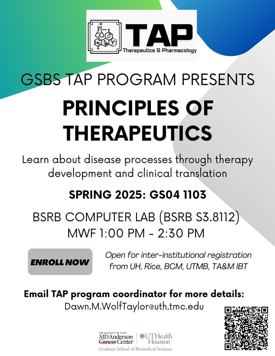 Daniel Harrington (@harringdan) on Twitter photo We are excited to announce another year of our <a href="/TAPatGSBS/">Therapeutics & Pharmacology Graduate Program</a> course "Principles of Therapeutics" in Spring 2025! This course brings experts across fields, and is open to students across the TMC. Registration is open now - please share with your networks! We are excited to announce another year of our <a href="/TAPatGSBS/">Therapeutics & Pharmacology Graduate Program</a> course "Principles of Therapeutics" in Spring 2025! This course brings experts across fields, and is open to students across the TMC. Registration is open now - please share with your networks!