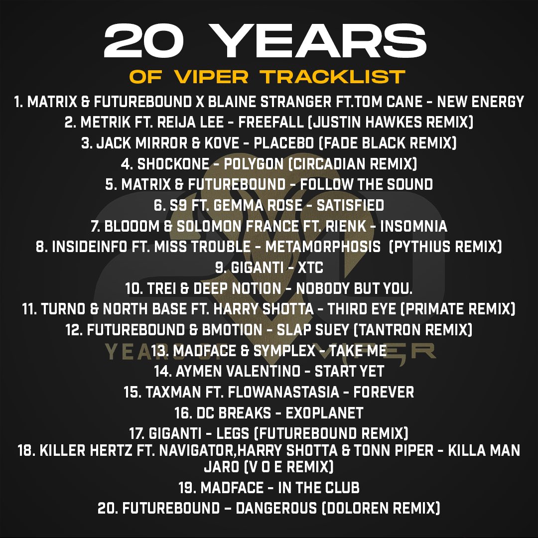 The full ‘20 Years Of Viper’ album has landed in all its glory, which includes five brand new exclusives as part of the full release..Huge🔥
fanlink.tv/VPRLP041
