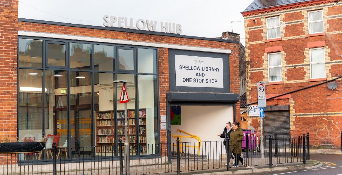 libsconnected's tweet photo. Libraries across the country will be lit up next week in a gesture of "solidarity, hope and joy" to mark the reopening of Spellow Library and Community Hub, which which was torched during the summer's racist riots #ShareTheLight #SpellowLibrary https://t.co/iFO2IZI5pL https://t.co/DGBAuhyJnv
