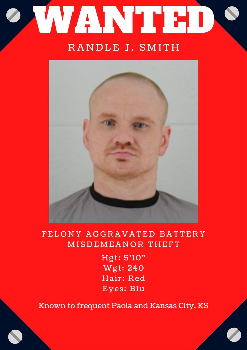 Johnson Co KS Sheriff (@jocosheriff) on Twitter photo Randle Smith is our #FugitiveFriday winner! If you see him, contact our Warrant Unit at 913-715-5212 or SHR-Warrants@jocogov.org.
He is known to frequent Paola and Kansas City, KS. Randle Smith is our #FugitiveFriday winner! If you see him, contact our Warrant Unit at 913-715-5212 or SHR-Warrants@jocogov.org.
He is known to frequent Paola and Kansas City, KS.