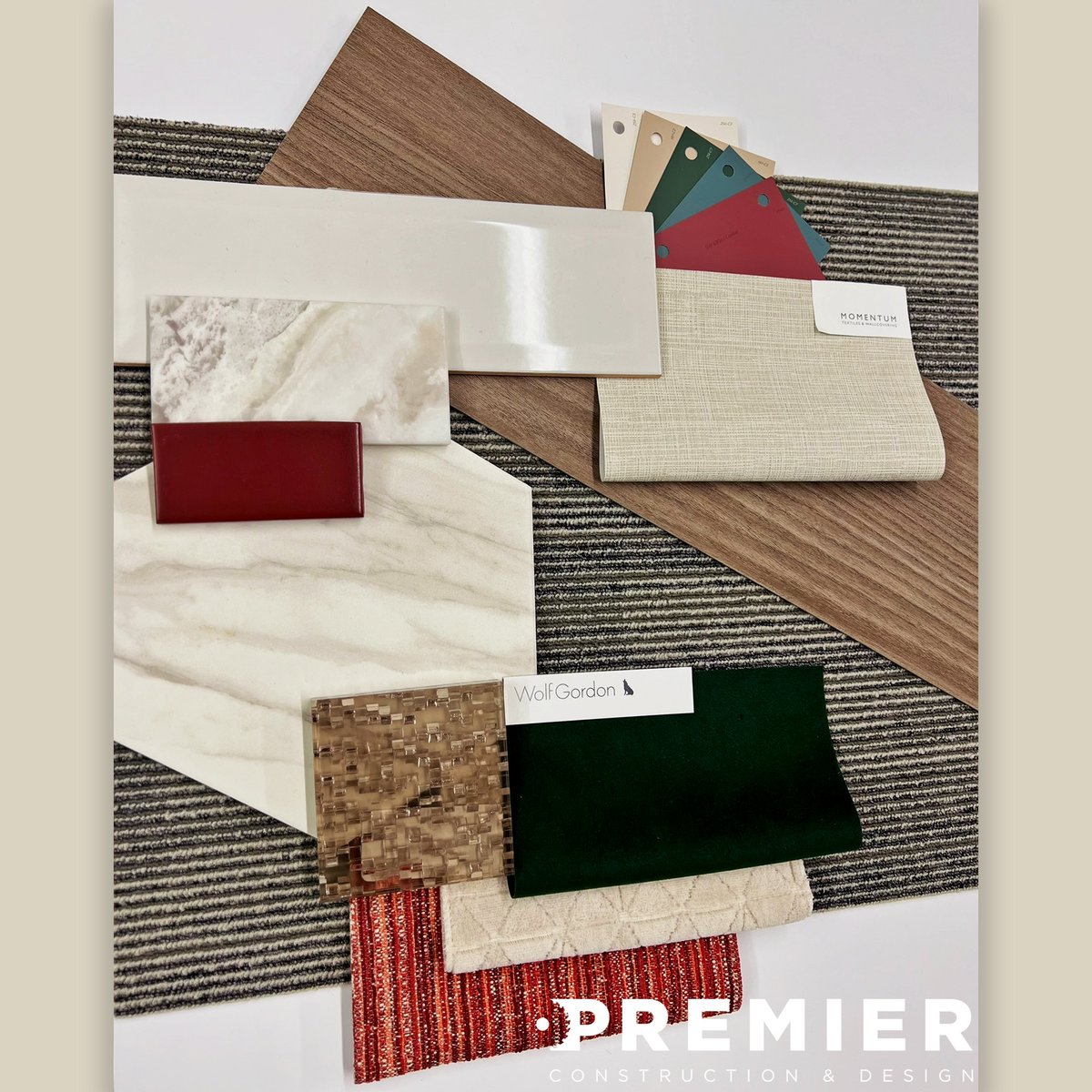 Our December Palette of the Month embraces the holiday spirit with sparkle and excitement, featuring products from: J+J Flooring, <a href="/momtex/">Momentum Group</a>, <a href="/SherwinWilliams/">Sherwin-Williams</a>, Virginia Tile, @chemetal_DIV, and <a href="/acoufelt/">acoufelt</a>. #designpalette #designinspiration