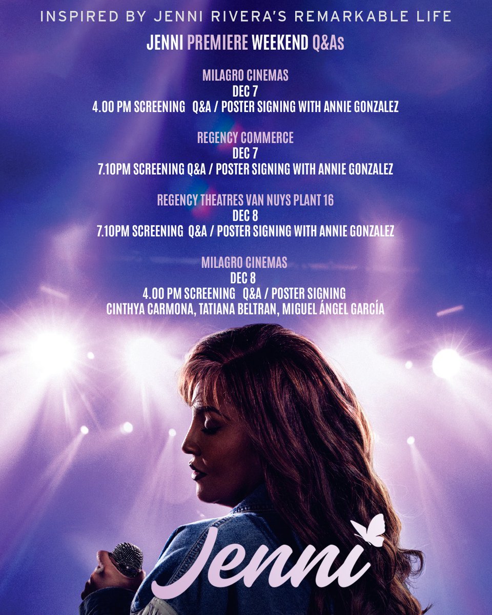 🎥🍿 JENNI PREMIERE WEEKEND Q&amp;A! Celebrate Jenni Rivera’s incredible legacy and hear from the cast 🦋

Limited tickets available – get yours today by clicking the link! 🎤 fandango.com/jenni-2024-238…

#JenniTheMovie #JenniLaPelicula #JenniRivera