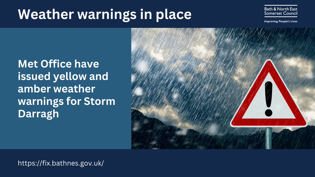 B&NES Council (@bathnes) on Twitter photo Our highways and tree teams are on standby to keep the network running following <a href="/metoffice/">Met Office</a> weather warnings for Storm Darragh.
Please check before you travel this weekend and if you need to report an issue on our roads use FixMyStreet: fix.bathnes.gov.uk Our highways and tree teams are on standby to keep the network running following <a href="/metoffice/">Met Office</a> weather warnings for Storm Darragh.
Please check before you travel this weekend and if you need to report an issue on our roads use FixMyStreet: fix.bathnes.gov.uk