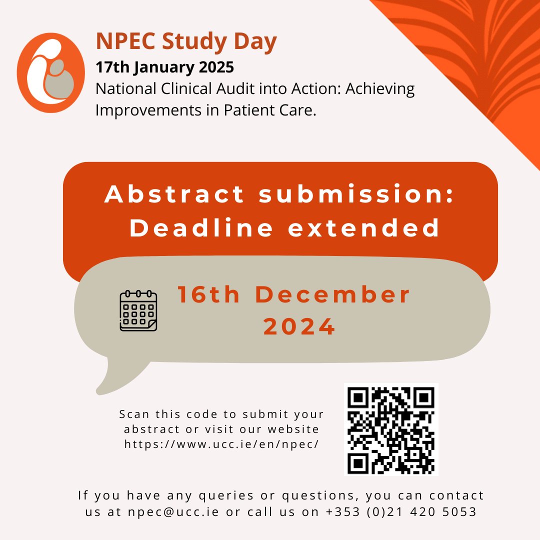 🚨 Deadline Extended! 🚨
You now have until 16th December 2024 to submit your abstract for the NPEC Study Day 2025. Don't miss the chance to showcase your work and contribute to improving patient care.

Submission and registration⬇️
ucc.ie/en/npec/npecst…

#NPECStudyDay2025