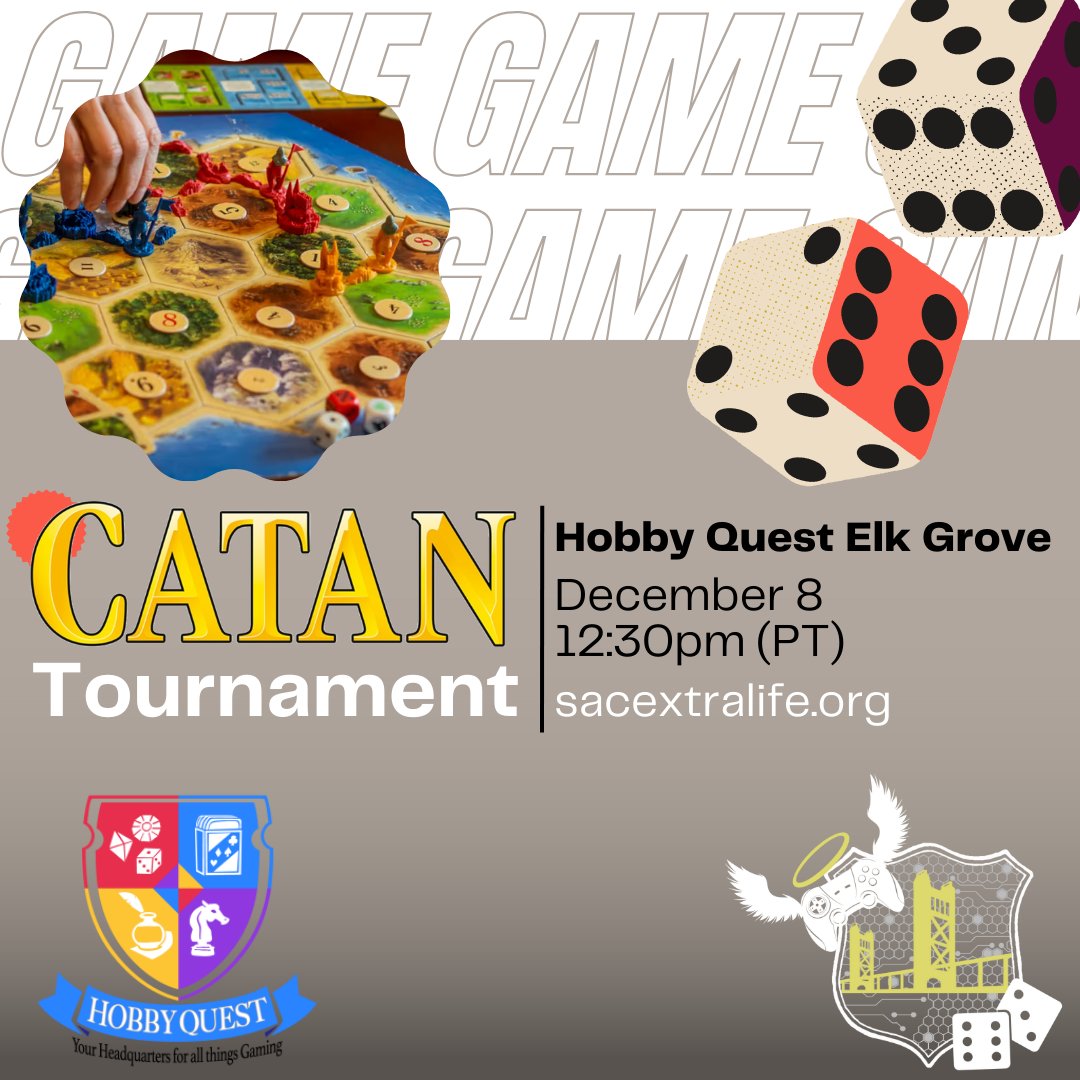 Sacramento Extra Life (@sacextralife) on Twitter photo We hope to see you at our Catan Tournament hosted at <a href="/quest_hobby/">Hobby Quest</a> - join us SUNDAY, 12/8 at 12:30pm (PT). Register at the link below; let us know what local tournaments you would like to see!
Register: sacextralife.org/events
#SacELTravels #HobbyQuest #Catan #Tournament We hope to see you at our Catan Tournament hosted at <a href="/quest_hobby/">Hobby Quest</a> - join us SUNDAY, 12/8 at 12:30pm (PT). Register at the link below; let us know what local tournaments you would like to see!
Register: sacextralife.org/events
#SacELTravels #HobbyQuest #Catan #Tournament