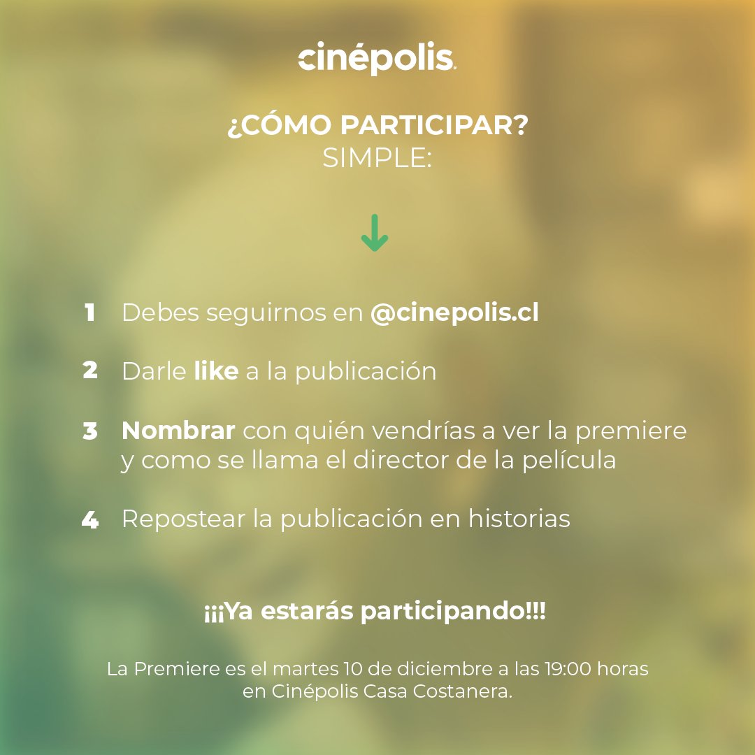 Cinepoliscl's tweet photo. CONCURSO PREMIERE 🍿
¿Quieres asistir a la premiere de Como Ser Millonario Antes Que Muera la Abuela?

✨Debes seguirnos en @cinepolis.cl
✨Darle Like a la publicación
✨Nombrar con quién vendrías a ver la premiere y como se llama el director de la película
✨Repostear la publicación en historias

👀La Premiere es el martes 10 de diciembre a las 19:00 horas en Cinépolis Casa Costanera.