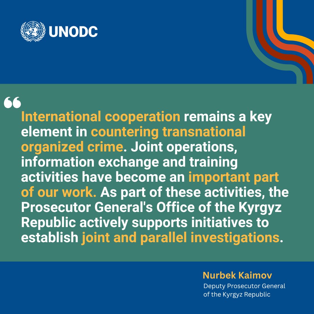 UNODC_ROCA's tweet photo. 🇺🇸🇺🇳🇰🇬 Nurbek Kaimov, Deputy Prosecutor General of the Kyrgyz Republic outlined at the final @UNODC #JTIP conference that General Prosecutor's Office actively supports initiatives to establish joint & parallel investigations of #TIP cases.
@oliverstolpe @Madina_Sarieva https://t.co/605KVBhwRW