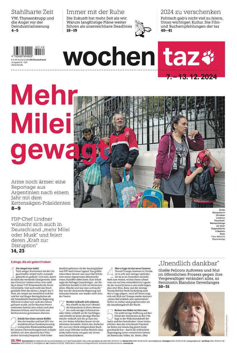 Die <a href="/wochentaz/">wochentaz</a> mit einer Reportage aus Argentinien nach dem ersten Jahr mit Lindner-Vorbild Milei von <a href="/shunglinger/">@Stefan-Hunglinger.de</a> <a href="/tazgezwitscher/">taz</a>