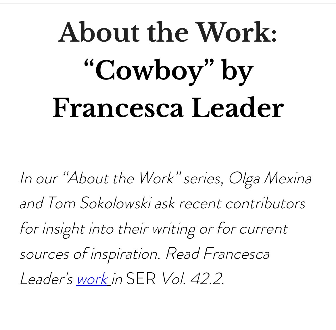 This week’s Online Exclusive features Francesca Leader and the process that led to her fiction piece “Cowboy” which is featured in Issue 42.2 and won the 2023 World’s Best Short Story Contest. To read the full piece (and its backstory) visit the 🔗 in our bio!