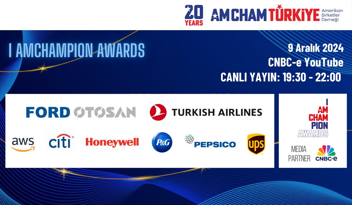 CNBC-e (@cnbceofficial) on Twitter photo Bu yıl 20. yılını kutlayan AmCham Türkiye’nin <a href="/TurkeyAmCham/">AmCham Turkiye</a> Türkiye-ABD ikili ticaret ve yatırımına katkı sağlayan şirketleri teşvik etmek üzere gerçekleştirdiği “I AmChamPion Ödülleri” 9 Aralık'ta sahiplerini buluyor. Ödül töreni 19.30'da CNBC-e YouTube kanalından canlı Bu yıl 20. yılını kutlayan AmCham Türkiye’nin <a href="/TurkeyAmCham/">AmCham Turkiye</a> Türkiye-ABD ikili ticaret ve yatırımına katkı sağlayan şirketleri teşvik etmek üzere gerçekleştirdiği “I AmChamPion Ödülleri” 9 Aralık'ta sahiplerini buluyor. Ödül töreni 19.30'da CNBC-e YouTube kanalından canlı