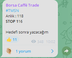 Sabah aldığımız #Tmsn günü %5.27 ile kapattı bereket versin 
Grubumuza katılmak için link aşağıdadır
t.me/BorSaCaffee

Dünkü paylaşımlarımız #eforc dün %10 bugün %6 ya kadar gördü #cemzy dün %7 bugün -2.35 :)

#aefes #akbnk #aksen #alark #arclk #asels #astor #bimas #cimsa
