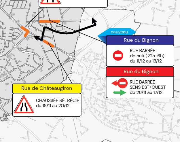 🟠[Circuler à #Rennes du 9 au 15 décembre]
➡️fermeture du bd O. Leroux sens ouest>est du 9/12 au 10/12
➡️rue du Bignon fermée de nuit du 11/12 au 13/12
Retrouvez la météo des travaux >travaux.rennesmetropole.fr/meteo-travaux/