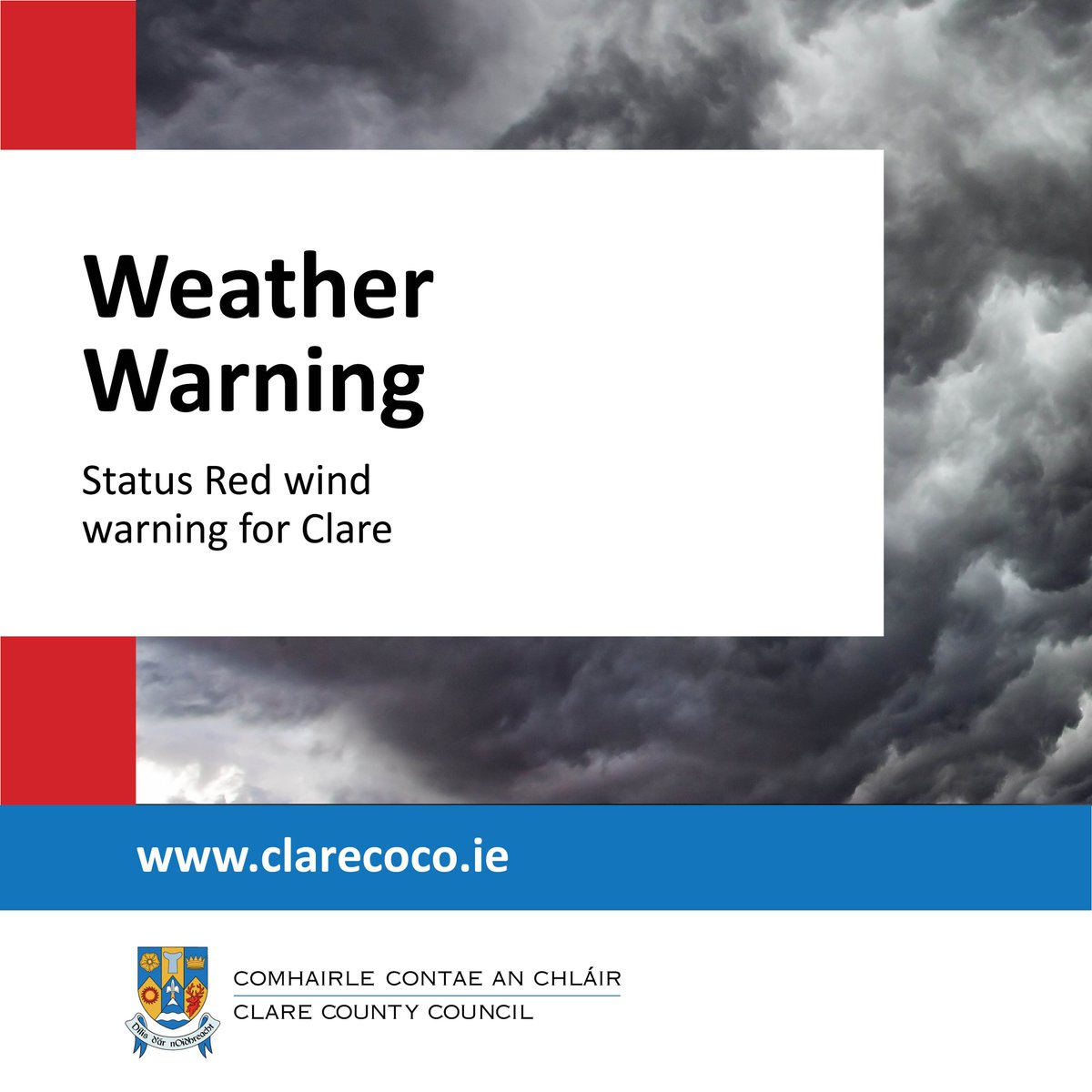 Met Éireann Weather Warning for County Clare

Red Storm Darragh: Extremely strong and gusty northwest winds.

Impacts:

• Fallen trees
• Damage to power lines
• Dangerous travelling conditions
• Structural damage to temporary structures
• Wave overtopping
1/2