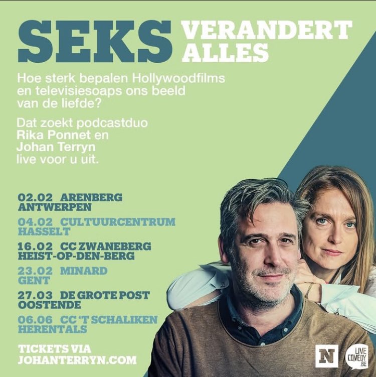 Seks verandert alles gaat op tour! Vanaf februari gaan we in een boeiende show de relaties van iconische Hollywoodkoppels analyseren. Verwacht scherpe analyses, hilarische inzichten en prachtige livemuziek. Tourstops: Antwerpen, Hasselt, Gent, Heist-o-d-Berg, Oostende, Herentals.