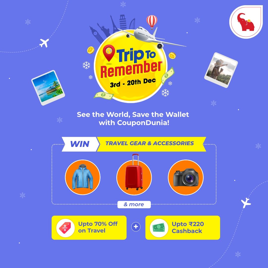 Ready, Set, Explore!
Travel Fest On CouponDunia-A Trip To Remember Is Now Live✈️🎉

Unlock Mega Discounts + Cashback💸

Lucky Winners Get Travel Gear &amp; Goodies🎒

Explore now- tinyurl.com/nwejr5vw