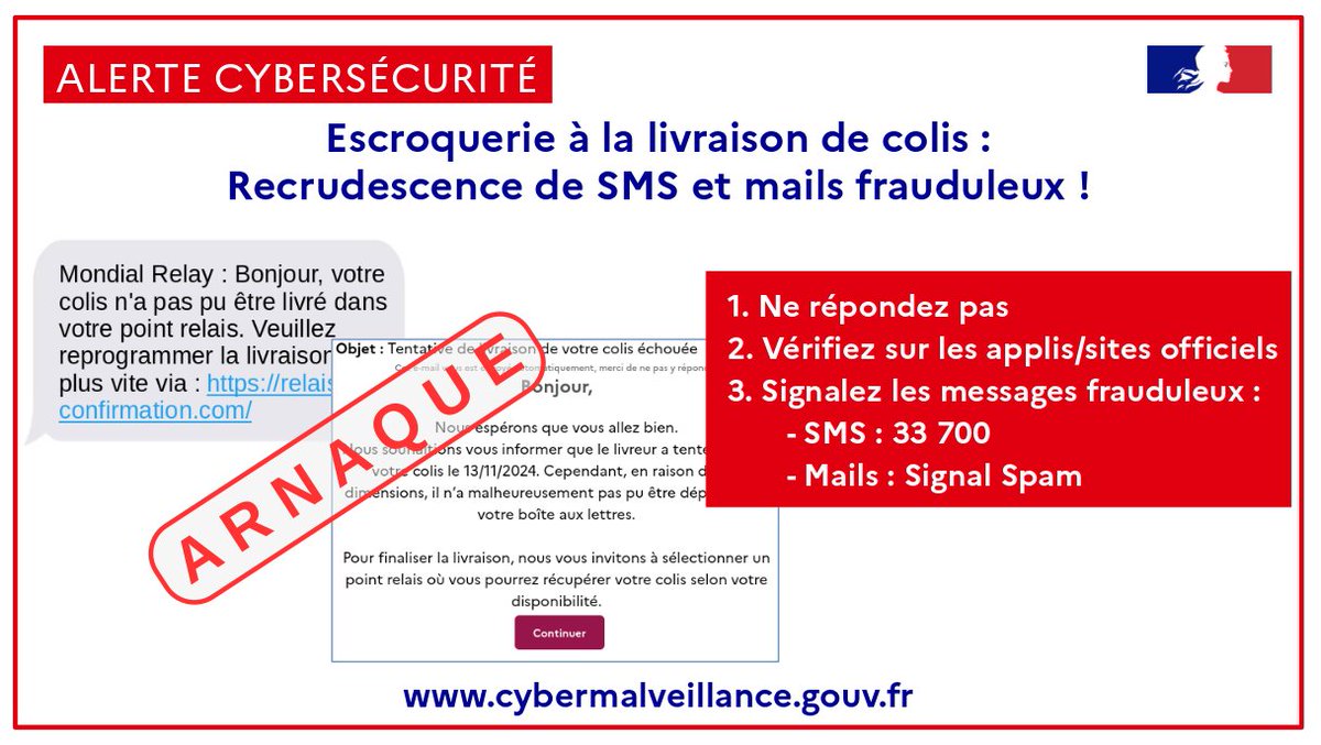 🔴 [#ALERTE #Cybersécurité] #Livraison de #colis : recrudescence des #SMS et #mails frauduleux

✉️ Un message vous annonce un problème de livraison ?

⚠️ Risques : vol de données personnelles et bancaires 💳

#hameçonnage #phishing

👇