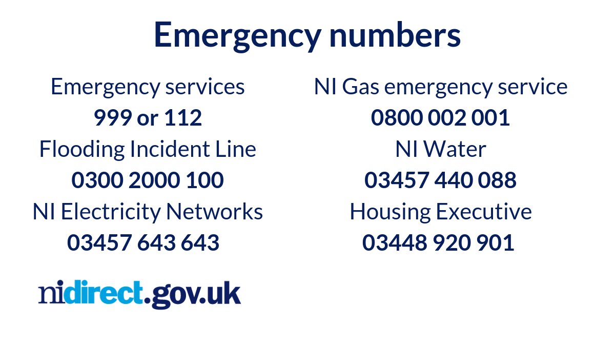 nidirect's tweet photo. Useful emergency numbers if you need them during #StormDarragh weather warnings for strong wind and heavy rain: https://t.co/1LM4lZlBFU @deptinfra https://t.co/x5s1rcU712