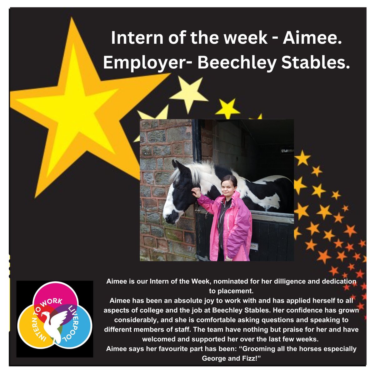 Intern2WorkLiv's tweet photo. Meet Aimee - our Intern of the Week.

With a love for animals, Aimee is building experience at @BeechleyRDA , developing her animal care skills and maintenance of the stables.

Aimee loves working with the horses and is in some parts of her role, working independently.

Amazing! https://t.co/fNlyex72xR