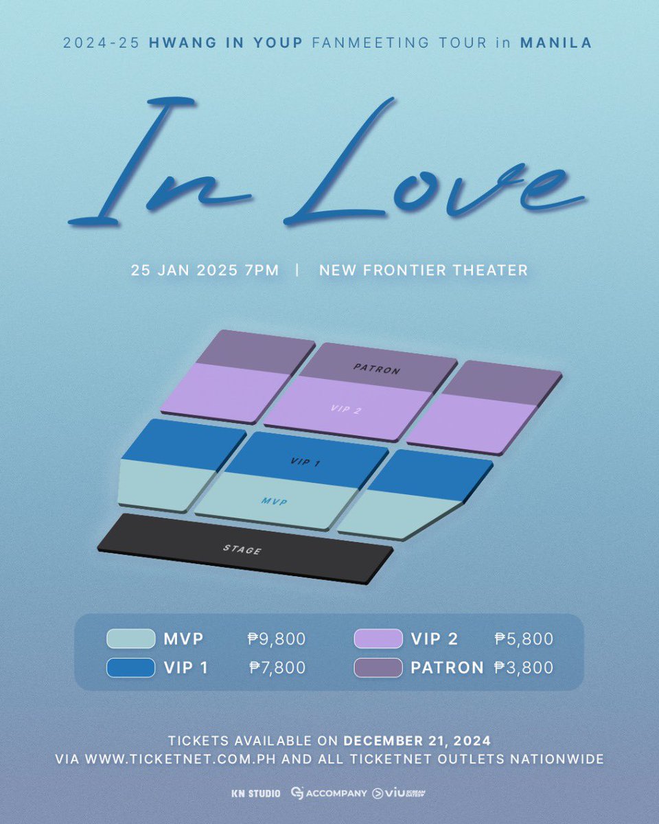 philconcerts's tweet photo. Seat plan, ticket prices, and fan benefits for the 2024-25 HWANG IN YOUP FAN MEETING TOUR [IN LOVE] in Manila 💛

Tickets go on sale on DECEMBER 21, 2024 via TicketNet outlets and https://t.co/nM3ZkLNIeB 🎟️

#VIUSCREAMDATES @Viu_PH https://t.co/C7myoxaaxR