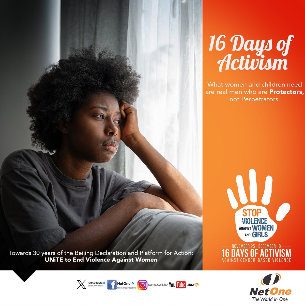 NetOneCellular's tweet photo. NetOne joins the world in commemorating Sixteen days of Activism against Gender-Based Violence. This year, the UNiTE campaign theme is, ‘Towards Beijing +30: UNiTE to End Violence Against Women and Girls.’
#16DaysOfActivism
#EndGBV
#StopTheViolence
#HearMeToo
#BreakTheSilence https://t.co/5hqFBA95zL