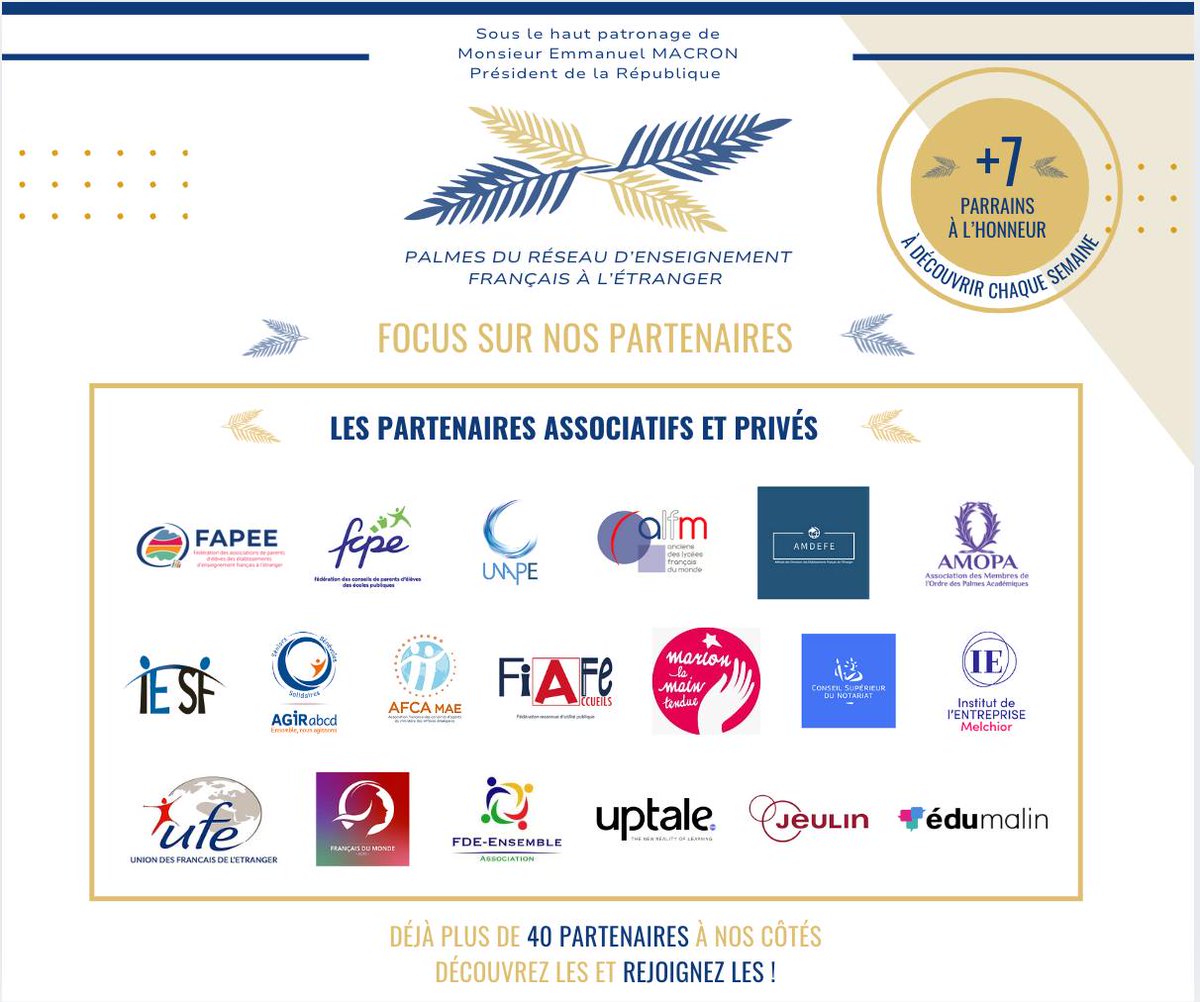 🌿 #PalmesEFE : 🌟 Ils nous accompagnent !

👀 Présentation de nos partenaires : issus du monde associatifs et du monde entrepreneurial tous liés à l'EFE et/ou FDE. Leur engagement à nos côtés démontre cette volonté commune de soutenir et encourager notre réseau éducatif.