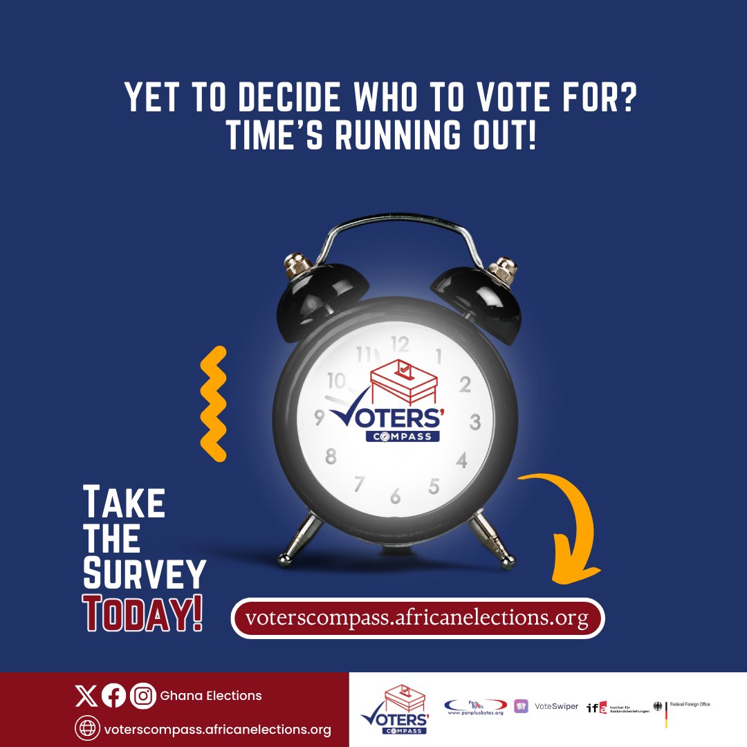 ghanaelections's tweet photo. Time’s running out! Use #VotersCompass to verify your choice and make an informed, impactful decision.
Let’s vote smart for Ghana!
👉 Visit us at https://t.co/euYhxDHzvQ
#VotersCompass
#GhanaElections2024
#Penplusbytes
#VoteSmartThisDecember
@penplusbytes @VoteSwiper https://t.co/nUsmcHGq6B